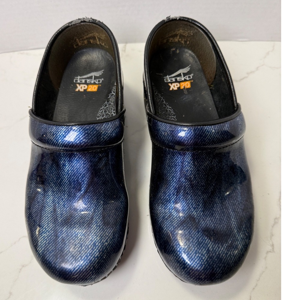 Dansko XP 2.0 Women Blue Denim Patent Leather Clogs Professional Shoes Size 37